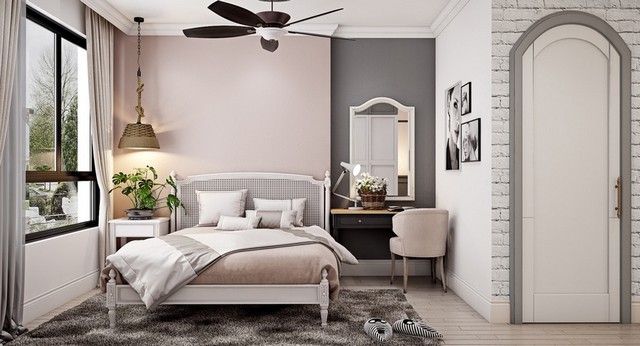 Ý tưởng thiết kế phòng ngủ sơn màu be kết hợp màu hồng và xám