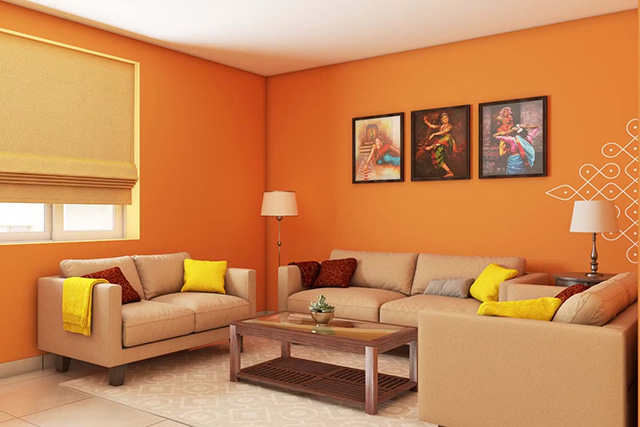 Phòng khách hướng Tây Nam sơn màu cam