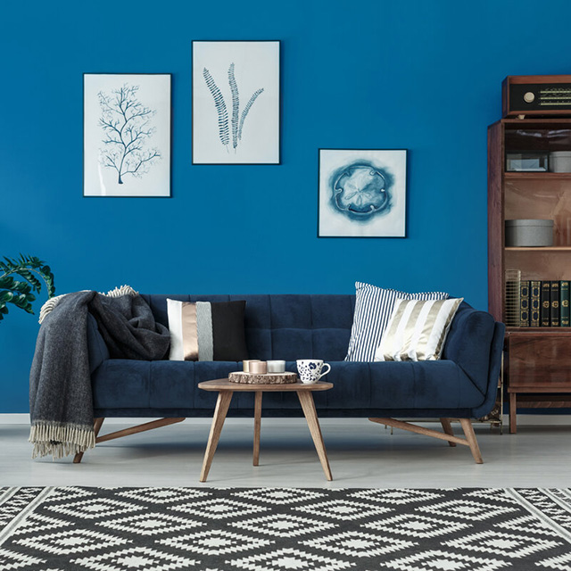 Phòng khách kết hợp giữa màu xanh đại dương của tường và các phụ kiện nội thất màu trắng
