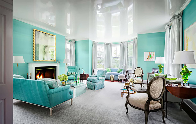Phòng khách kết hợp giữa màu xanh ngọc lam và tone màu trắng