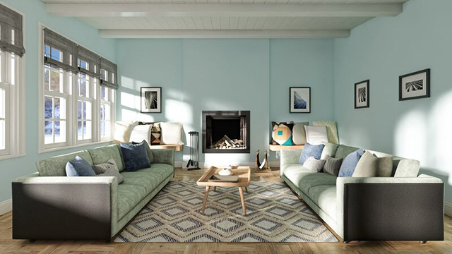 Phòng khách kết hợp giữa màu xanh nhiệt đới và tone màu trắng