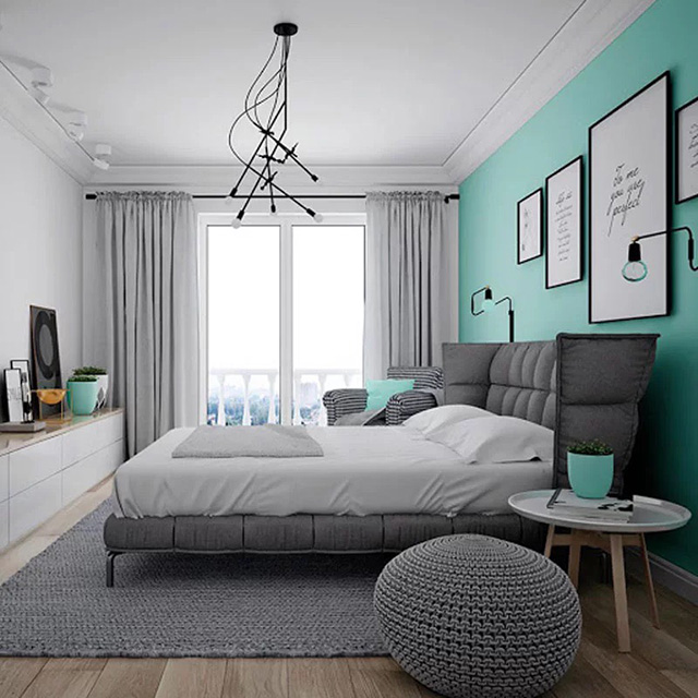 Phòng ngủ với sự kết hợp giữa màu xanh ngọc lam và tone màu trắng