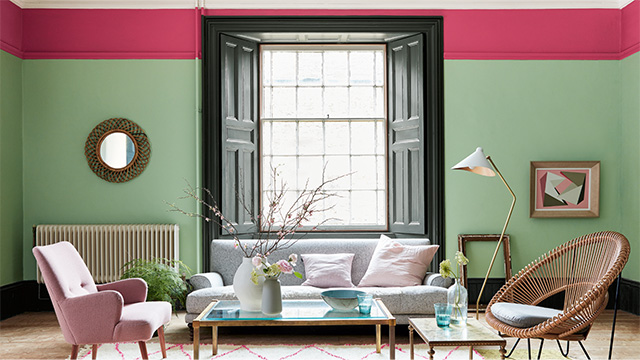 Phòng khách kết hợp sơn màu xanh lá NP BGG 1794T và hồng (NP R 2304A)