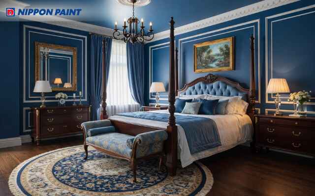 Mẫu phòng ngủ tân cổ điển màu xanh nước biển sang trọng