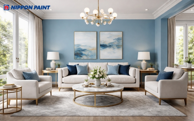Phòng khách mang tone màu xanh nước biển nhẹ nhàng