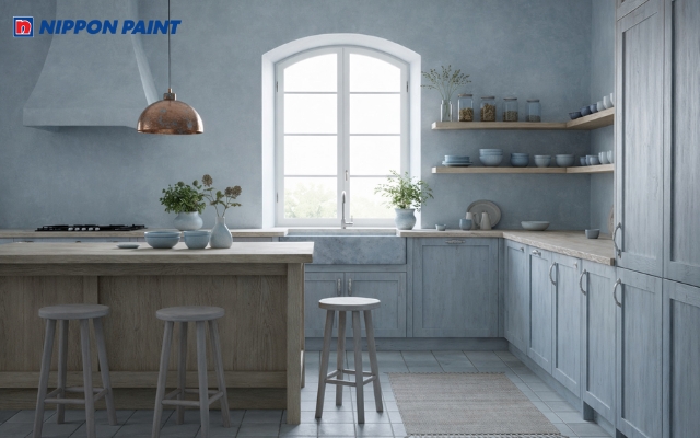 Mẫu phòng bếp tone màu xám với phong cách Wabi Sabi