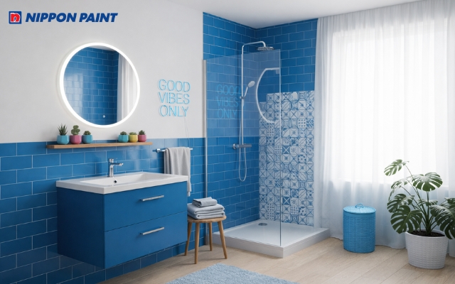 Phòng tắm màu trắng kết hợp xanh biển mát mắt