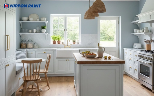 Phòng bếp thanh lịch hơn với tone màu xanh lam dịu nhẹ