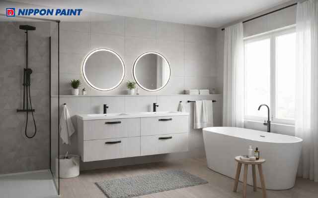 Mẫu phòng tắm màu xám trắng dành cho gia đình