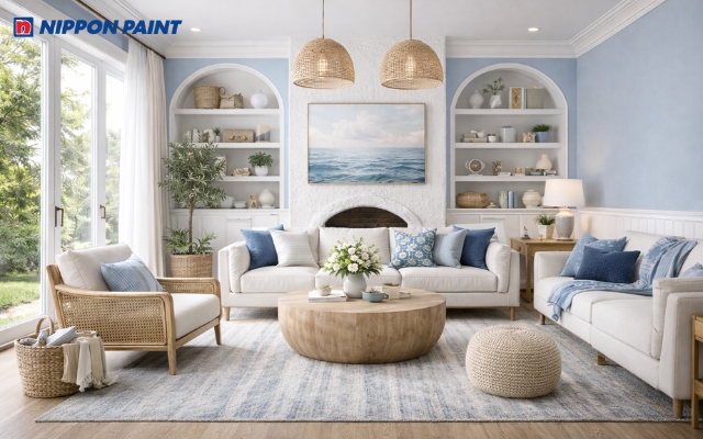 Phòng khách sơn màu xanh lam kết hợp phong cách vintage