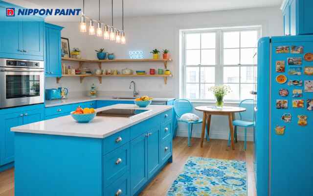 Căn bếp màu xanh nước biển tươi sáng năng động