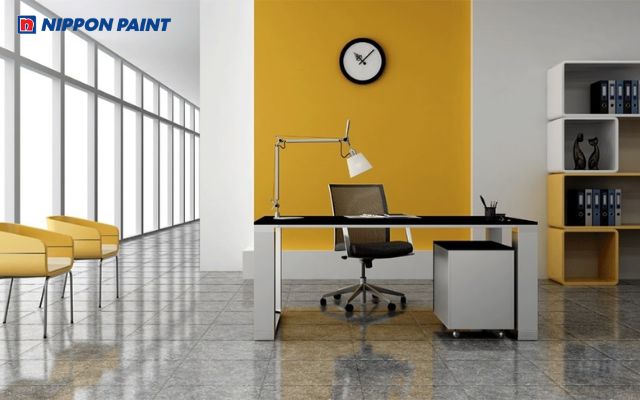 Thiết kế phòng làm việc với màu sơn vàng và trắng