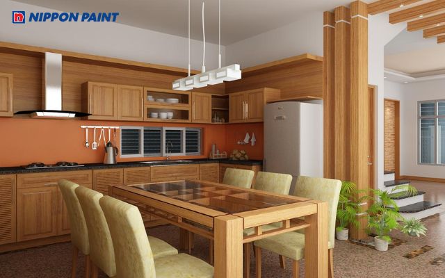 Sơn màu phòng bếp màu vàng đất giúp căn phòng ấm áp