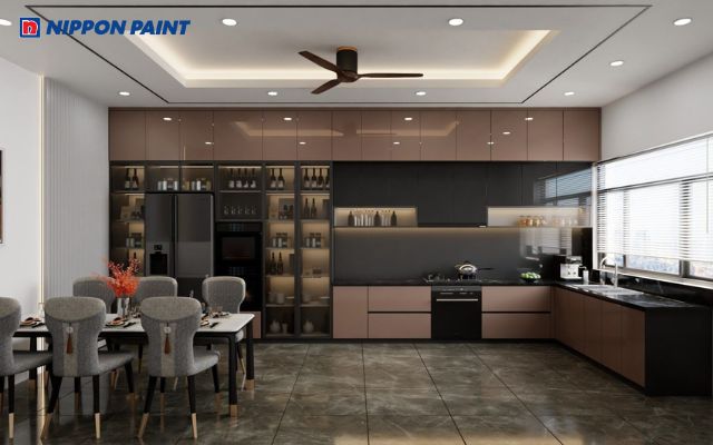 Phối màu phòng bếp màu nâu và trắng giúp không gian tinh tế, sang trọng