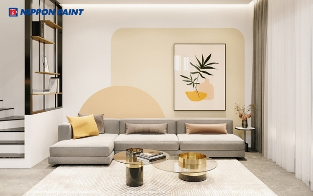 Sự kết hợp giữa màu xám nhạt và vàng mơ tạo nên phòng khách vừa trang nhã vừa độc đáo