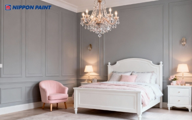 Gam màu xám nhạt kết hợp với chi tiết màu hồng pastel