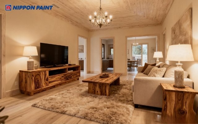 Màu vàng đất kết hợp trắng kem tạo điểm nhấn hiện đại cho phòng khách tuổi Dậu 1969