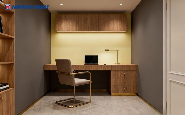 Phòng làm việc màu xám phối vàng chanh, mang lại năng lượng tích cực cho người mệnh Thổ