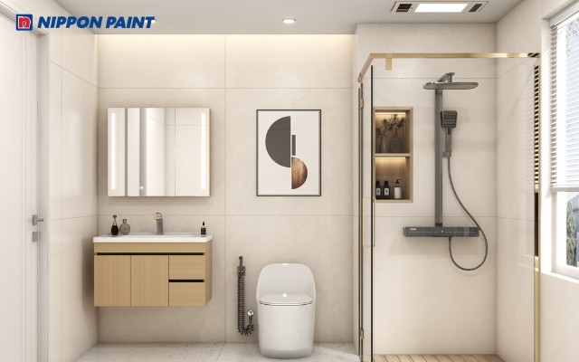 Mẫu phối màu sơn phòng tắm tông beige - kem, thiết kế hiện đại, tạo cảm giác sạch sẽ