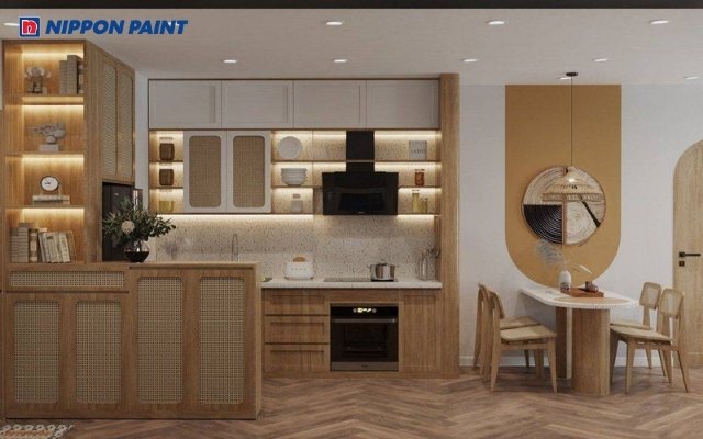 Màu nâu gỗ tự nhiên cho tủ bếp, tường sơn màu kem nhạt