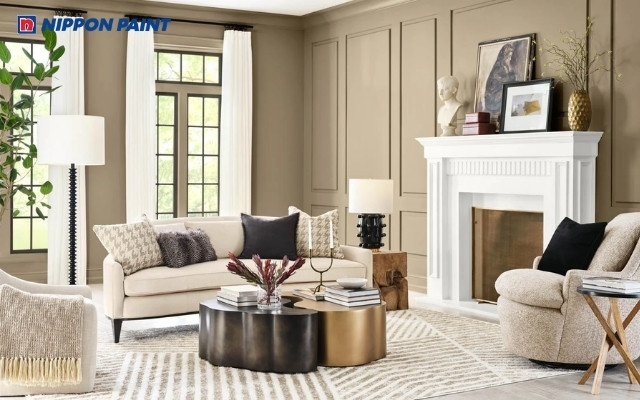 Màu nâu nhạt làm chủ đạo, phối hợp với trắng sữa, tạo vẻ đẹp hiện đại cho phòng khách