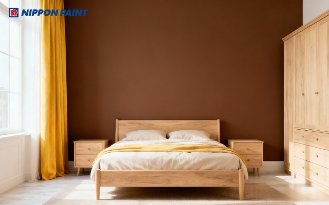 Phòng ngủ với gam nâu đất ấm áp, tạo cảm giác thư giãn, dễ đi sâu vào giấc