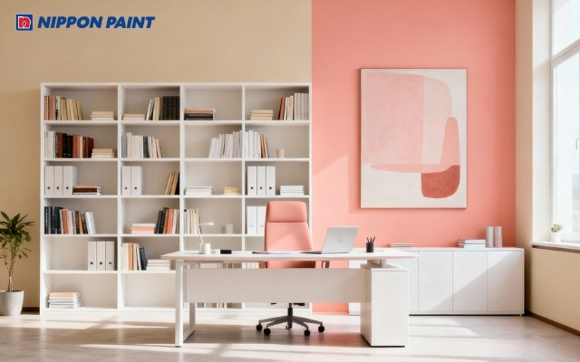 Không gian làm việc tông nâu, hồng nhạt hợp phong thủy gia chủ sinh năm 1969