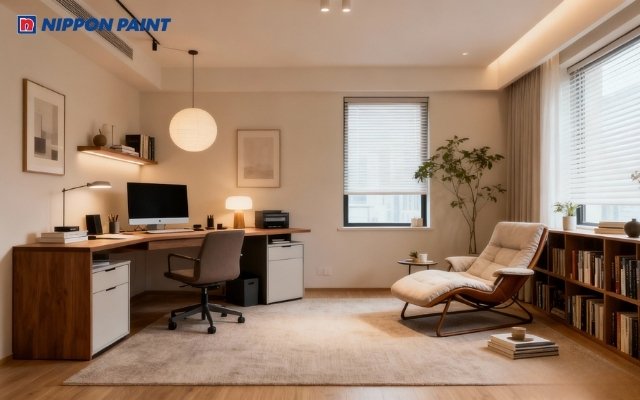 Phòng làm việc tông màu be nhạt, xám, tạo sự tập trung và thu hút tài lộc