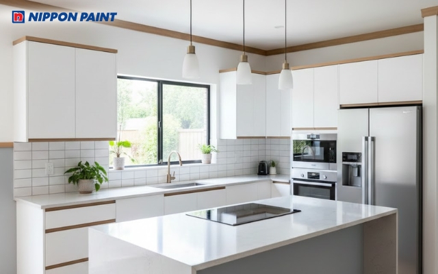 Phòng bếp sơn màu trắng giúp bếp sáng và rộng hơn, tạo cảm giác sạch và gọn