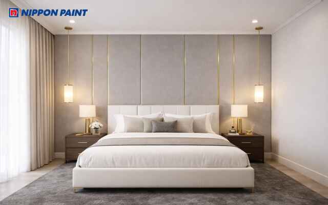 Tông xám ghi trắng điểm vàng kim tăng cảm giác vững chãi và dễ an tâm nghỉ ngơi