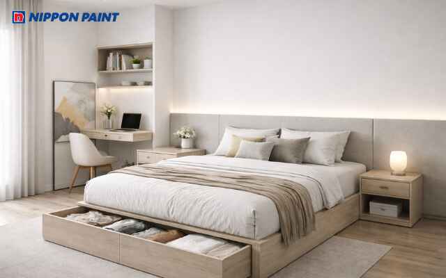 Tông trắng sáng và gỗ be nhẹ nhàng tăng sự dễ chịu và tạo nền năng lượng tích cực