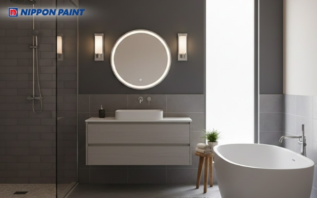 Tông xám đậm và ghi giúp tăng chiều sâu, tạo thế vững và hạn chế cảm giác trống lạnh