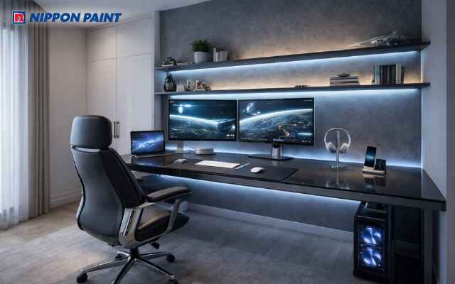 Màu xám than và đen giúp không gian phòng làm việc hiện đại