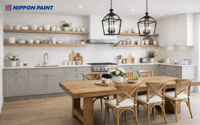 Tông trắng và xám nhạt phối gỗ mộc sáng thoáng giúp không gian cân bằng, ổn định