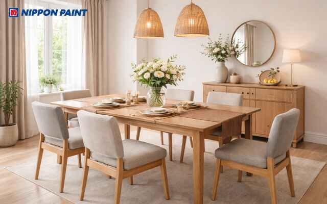 Tông kem-be kết hợp gỗ sáng giúp không gian hài hòa, tạo nền ổn định và dễ tụ khí