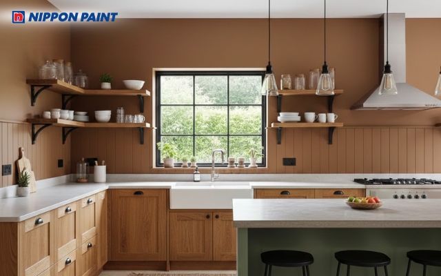 Phòng bếp màu nâu gỗ tạo chiều sâu giúp không gian bếp ấm áp cho gia chủ