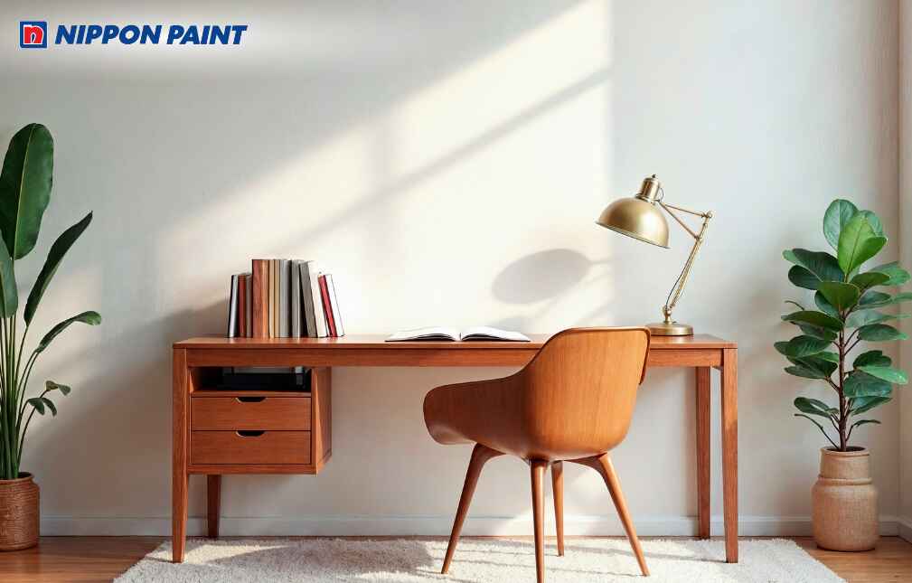 Phòng làm việc tường trắng điểm nhấn nâu đất