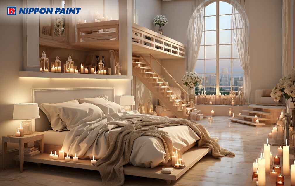 Phòng ngủ vàng kem phối nội thất gỗ