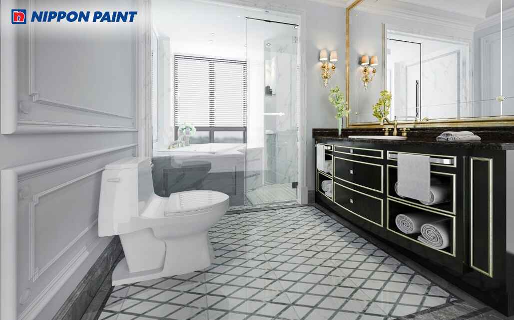 Phòng tắm gạch trắng kết hợp sàn xám