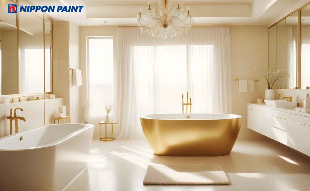 Phòng tắm trắng điểm nhấn vàng đồng