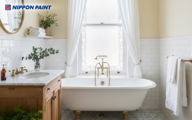 Phòng tắm sơn màu vàng kem ấm áp