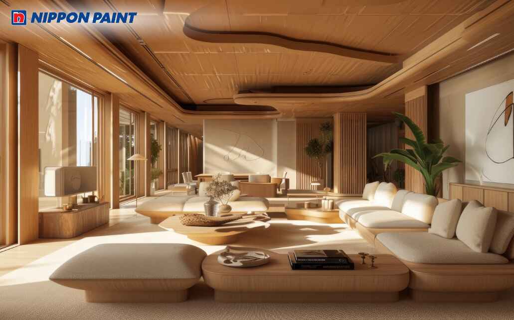 Phòng khách vàng kem kết hợp nâu gỗ ấm cúng