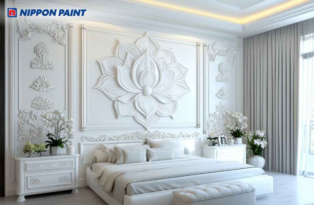 Phòng ngủ tường trắng điểm nhấn ánh kim