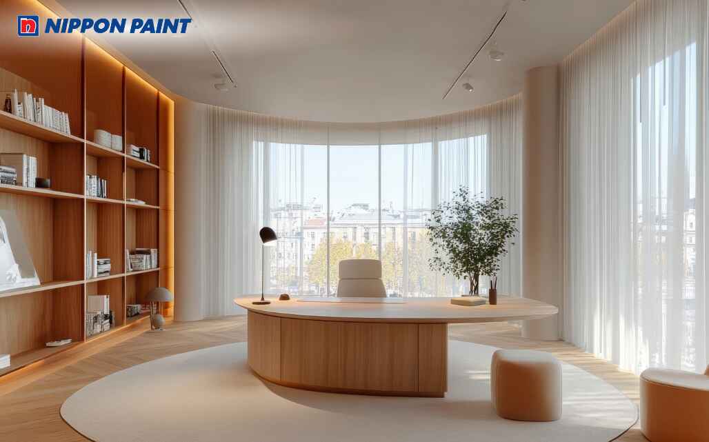 Phòng làm việc nâu gỗ kết hợp trắng ấm áp