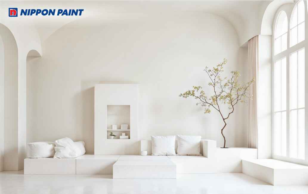 Phòng khách vàng chanh nhạt phối trắng tươi sáng