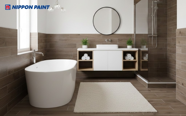 Phòng tắm sơn tường màu trắng kết hợp sàn gạch vân gỗ nâu