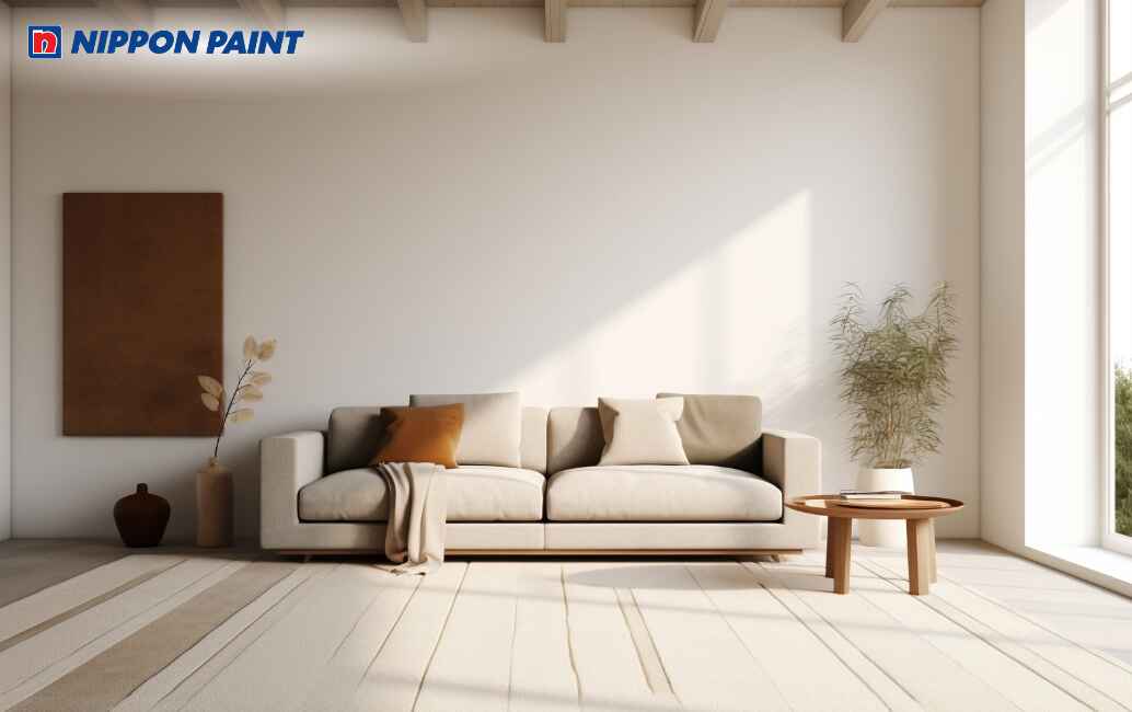 Phòng khách nâu đất điểm nhấn cân bằng cùng tường trắng