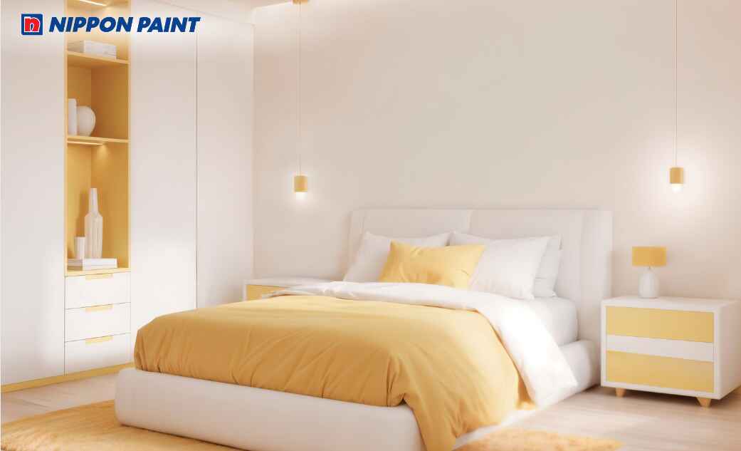 Phòng ngủ trắng sữa phối vàng nhạt thư giãn