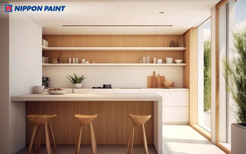 Phòng bếp nâu cà phê kết hợp trắng cân bằng