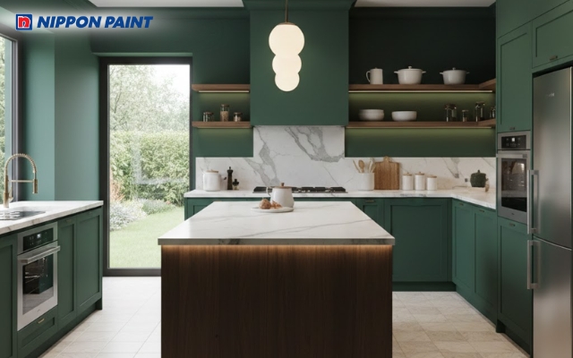 Phòng bếp sơn xanh lá đậm sang trọng